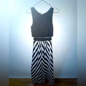 Preowned Betsy & Adam, black and white dress ball gown with mesh midriff.